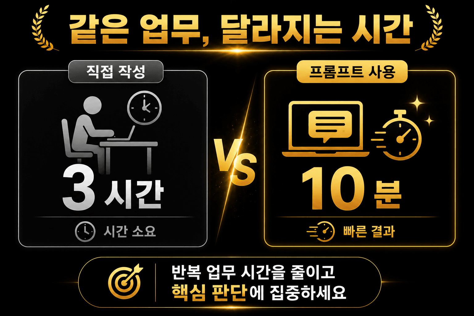 직접 작성 3시간과 프롬프트 사용 10분의 업무 시간 비교 예시